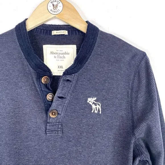 Abercrombie & Fitch Y2K Striped Henley Boys XXL Blue Long Sleeve Muscle Shirt - Picture 2 of 7